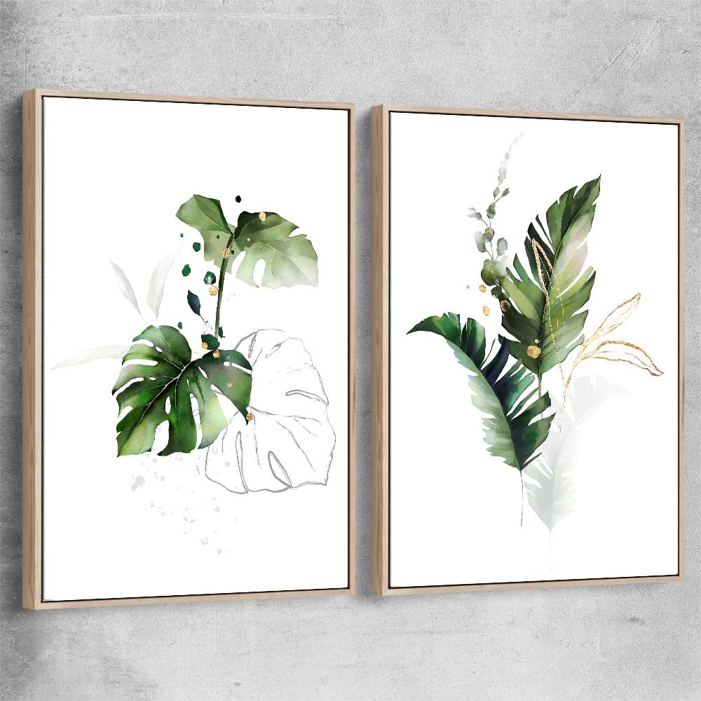 Floral print of Botanic Gold Pair with raw oak framed canvas