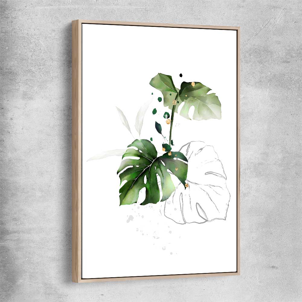 Floral print of Botanic Gold Three with raw oak framed canvas