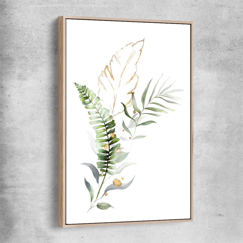 Floral print of Botanic Gold Two with raw oak framed canvas