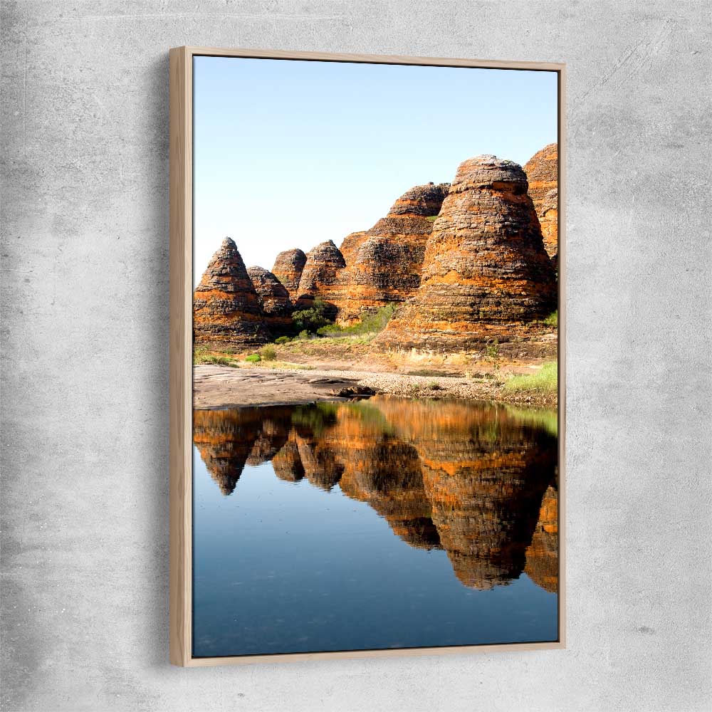 Floral print of Bungles Reflection with raw oak framed canvas