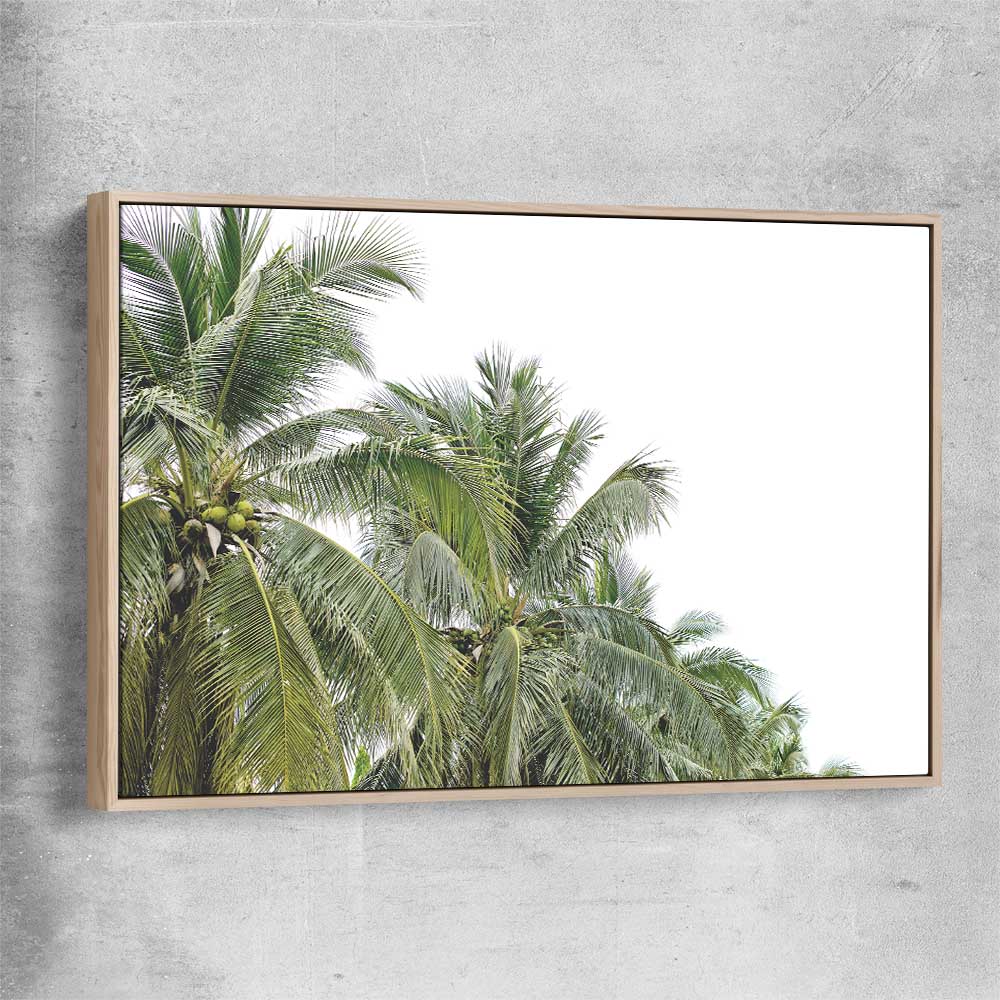 Floral print of Coconut Palms with raw oak framed canvas