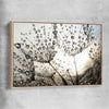Floral print of Dandelion Seed Sunrise with raw oak framed canvas