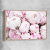 Floral print of Delicate Peonies with raw oak framed canvas