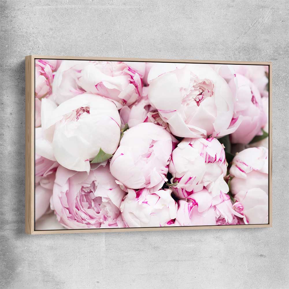 Floral print of Delicate Peonies with raw oak framed canvas
