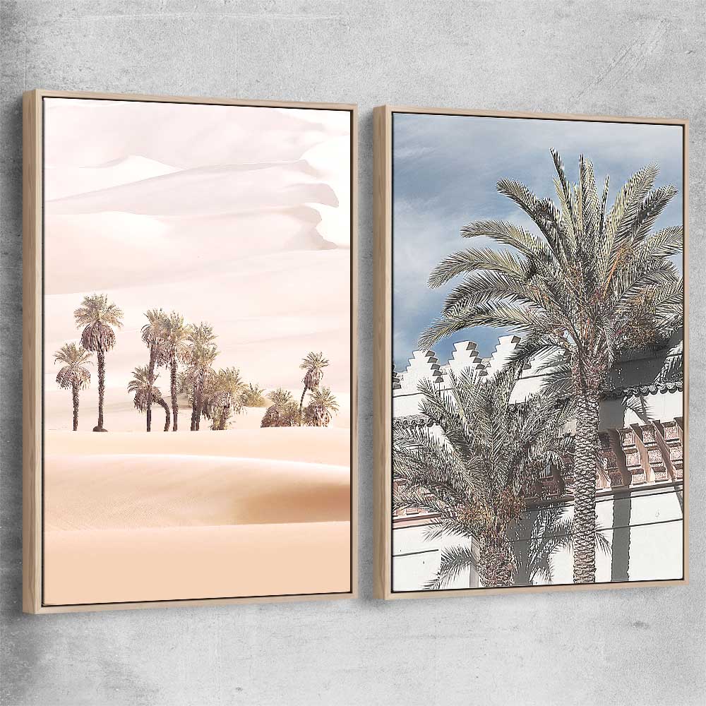 Floral print of Desert Dunes Pair with raw oak framed canvas