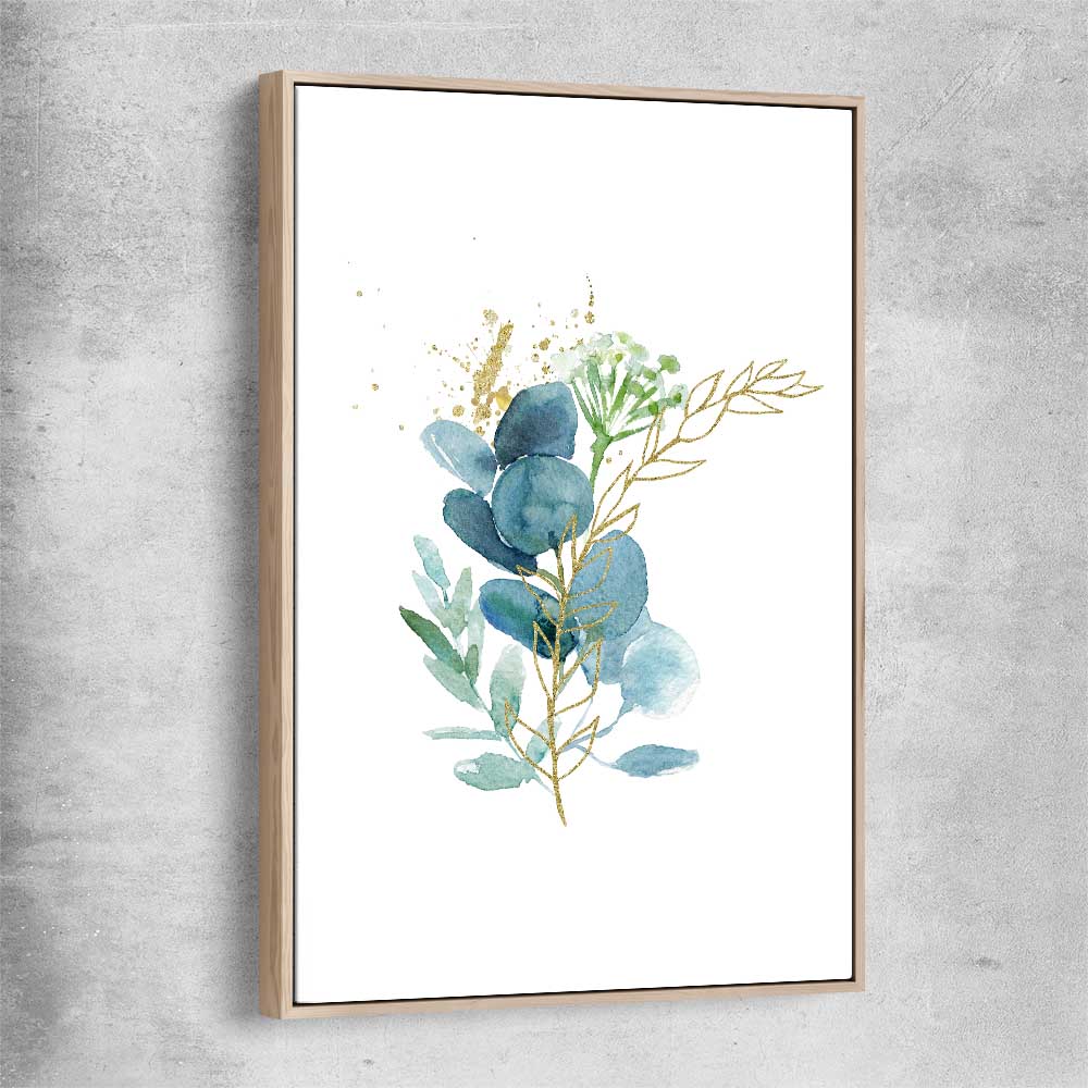 Floral print of Eucalyptus Bunch One with raw oak framed canvas