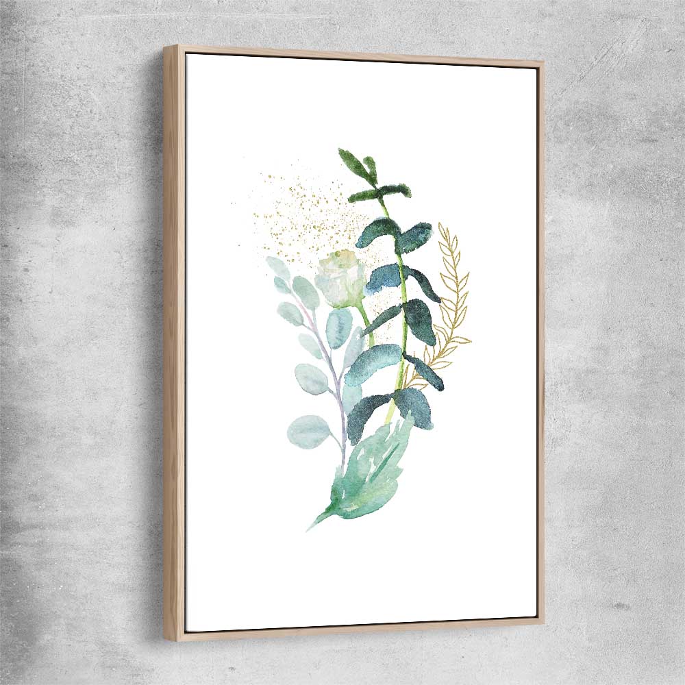 Floral print of Eucalyptus Bunch Three with raw oak framed canvas