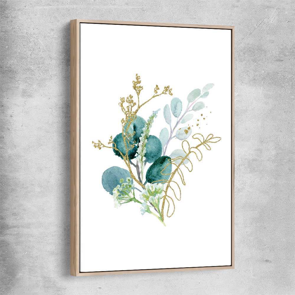 Floral print of Eucalyptus Bunch Two with raw oak framed canvas
