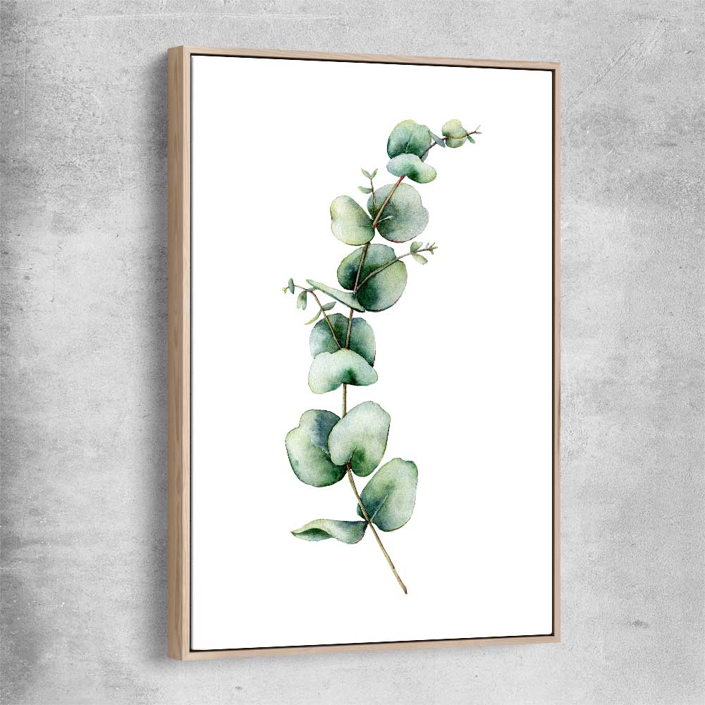 Floral print of Eucalyptus One with raw oak framed canvas