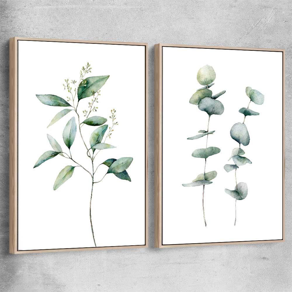 Floral print of Eucalyptus Pair One with raw oak framed canvas