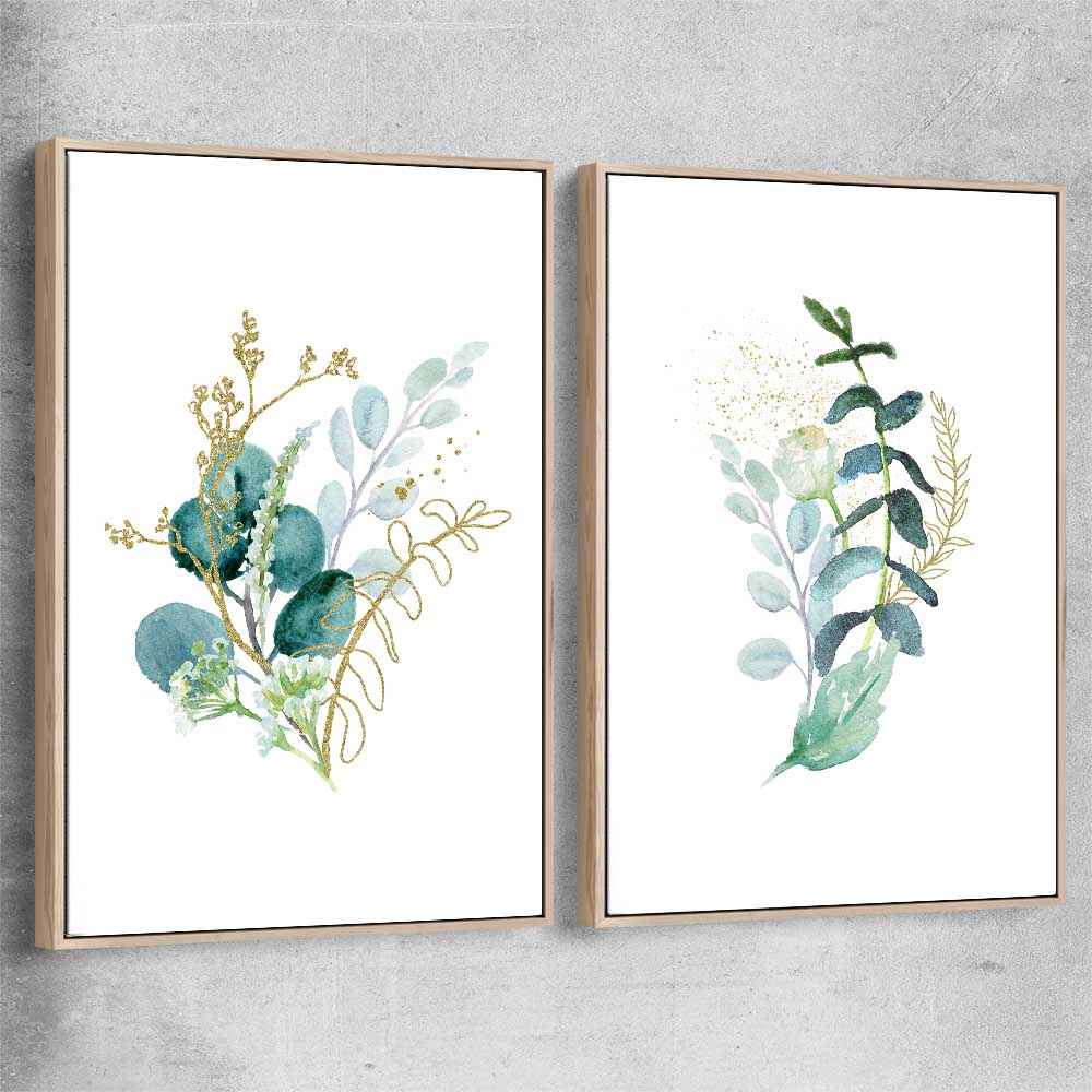 Floral print of Eucalyptus Pair Two with raw oak framed canvas