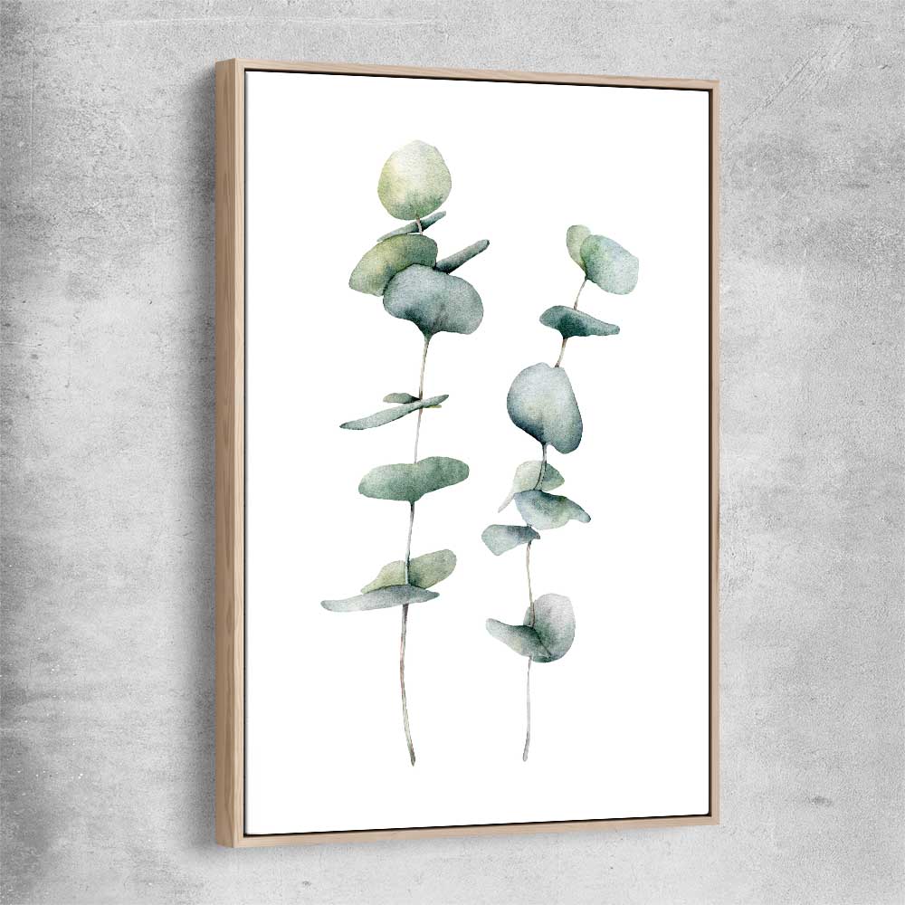 Floral print of Eucalyptus Three with raw oak framed canvas