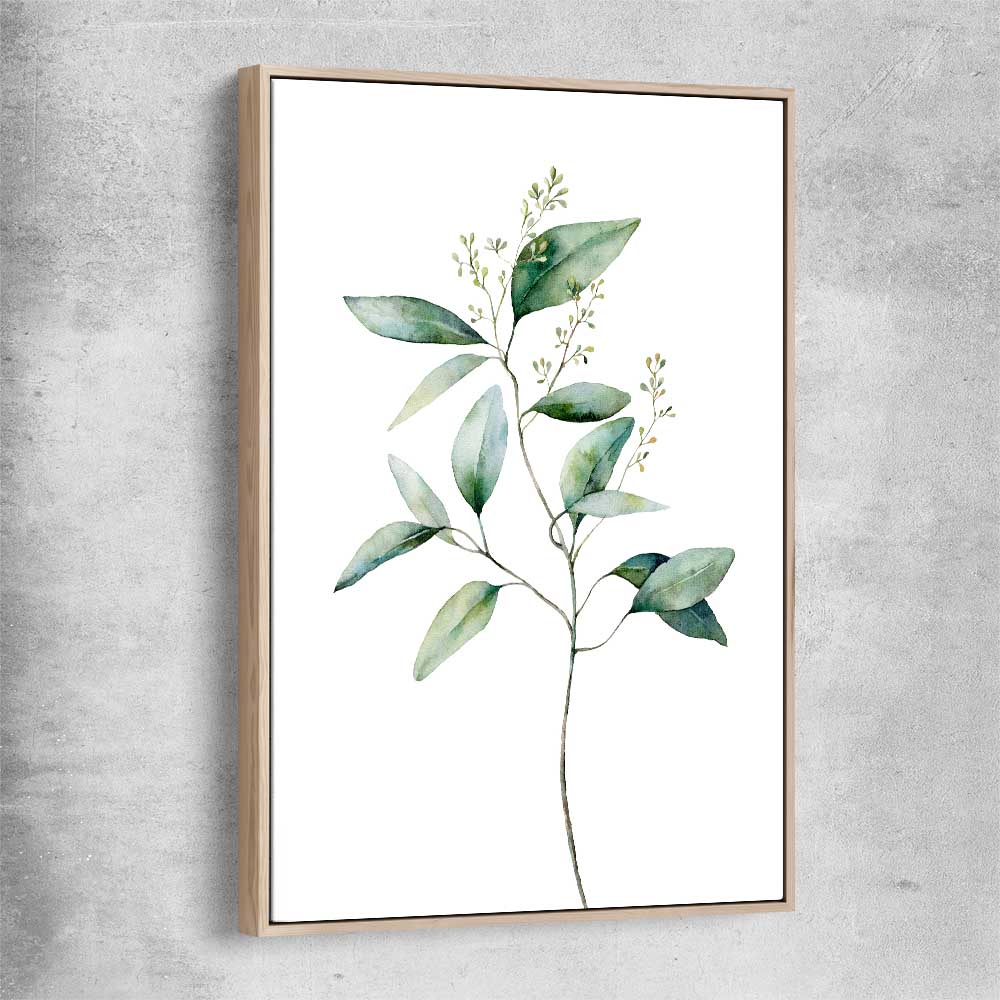 Floral print of Eucalyptus Two with raw oak framed canvas
