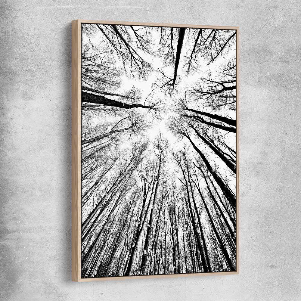 Floral print of Forest Sky with raw oak framed canvas