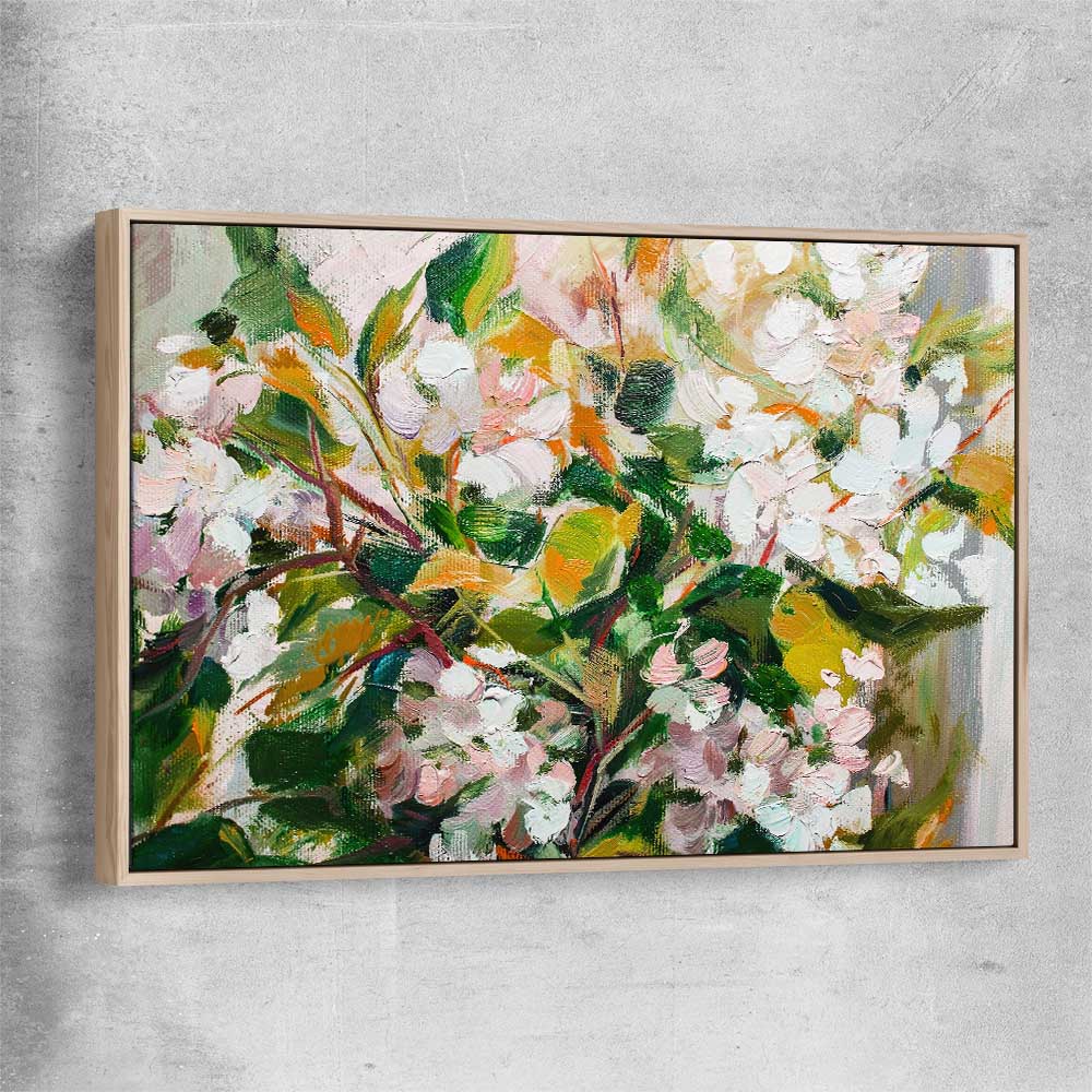 Floral print of Green Blossom with raw oak framed canvas