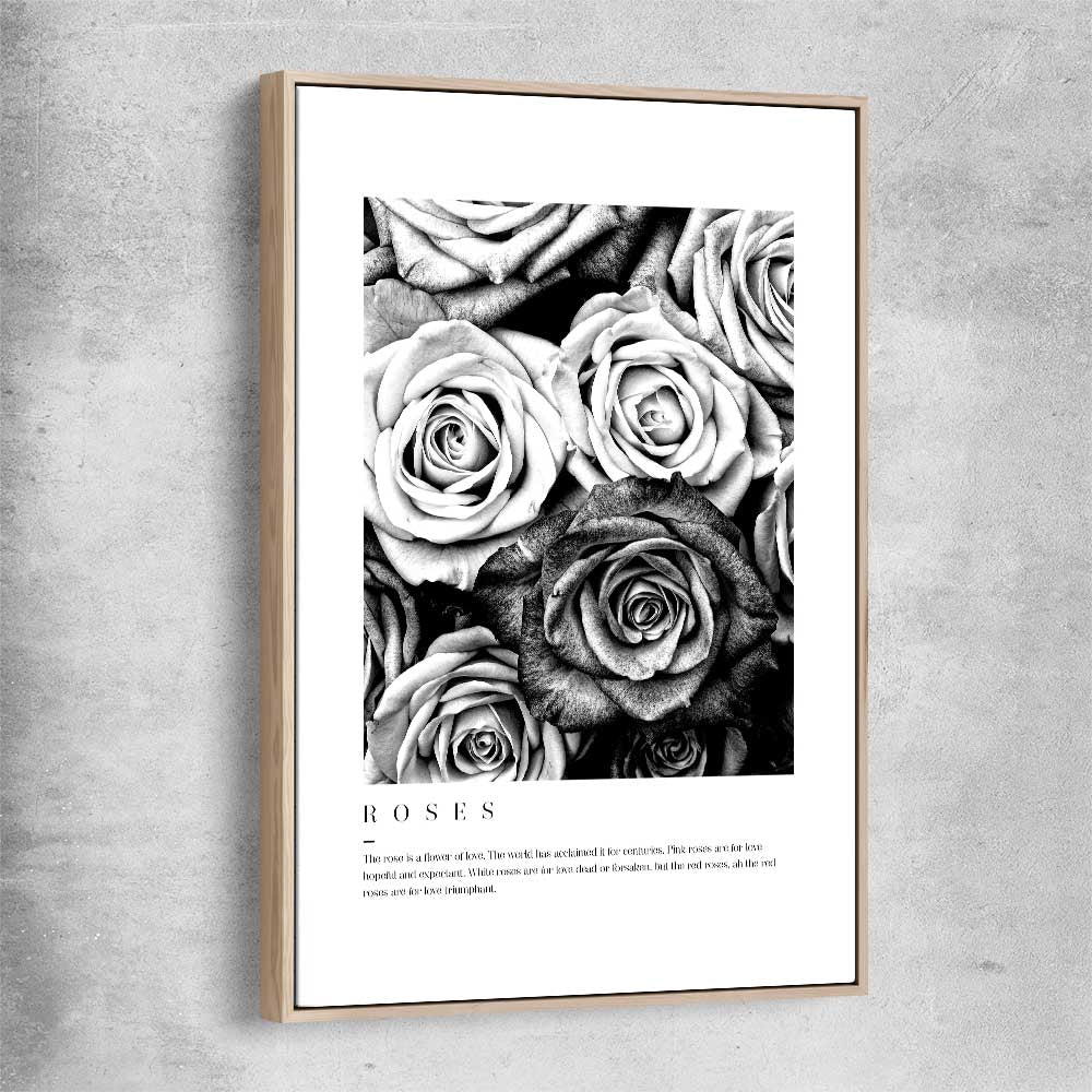 Floral print of Grey Flowers Typo with raw oak framed canvas