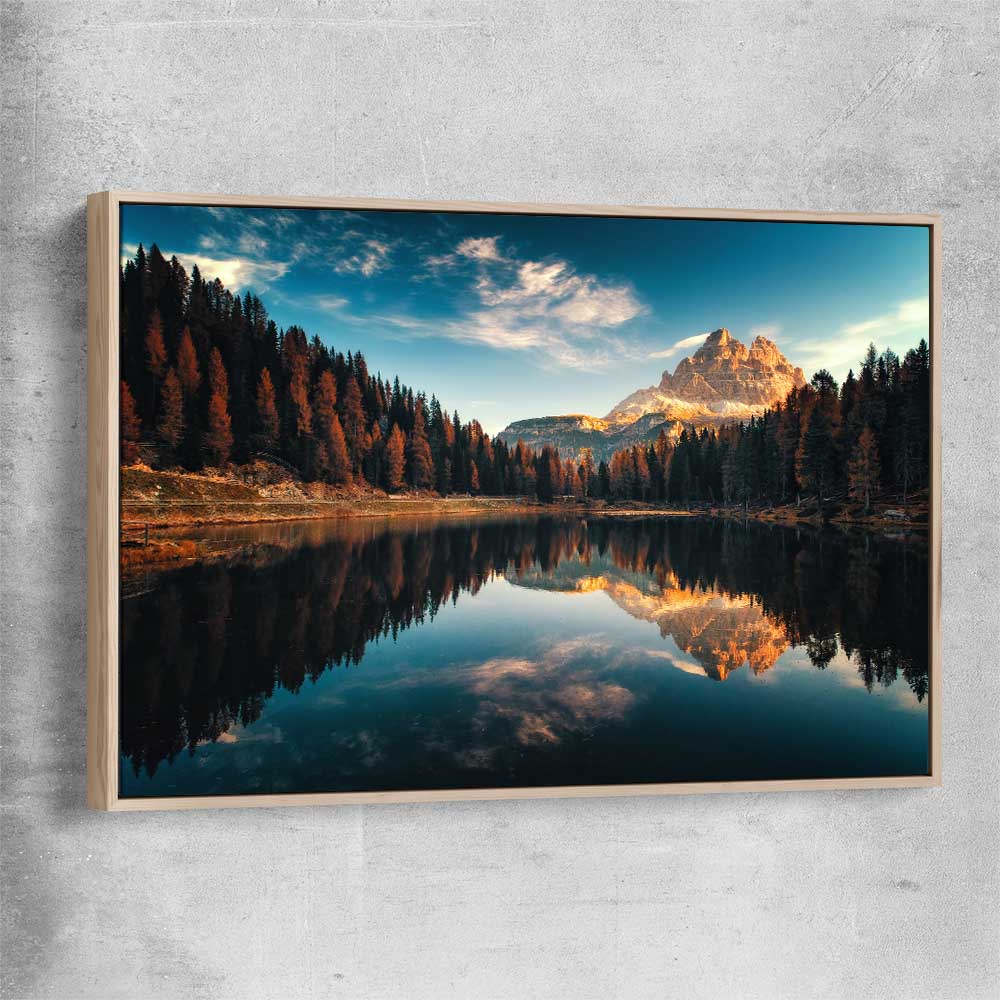 Floral print of Lago Antorno with raw oak framed canvas