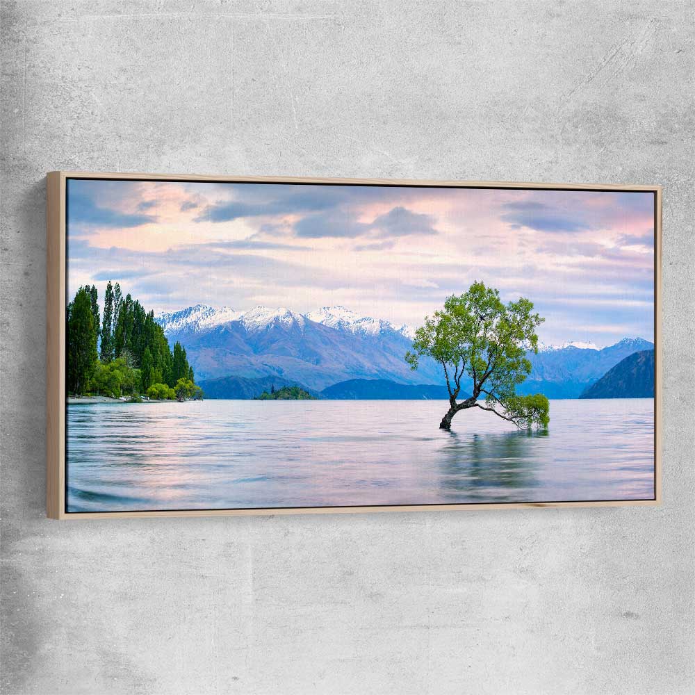 Floral print of Lake Wanaka Landscape with raw oak framed canvas
