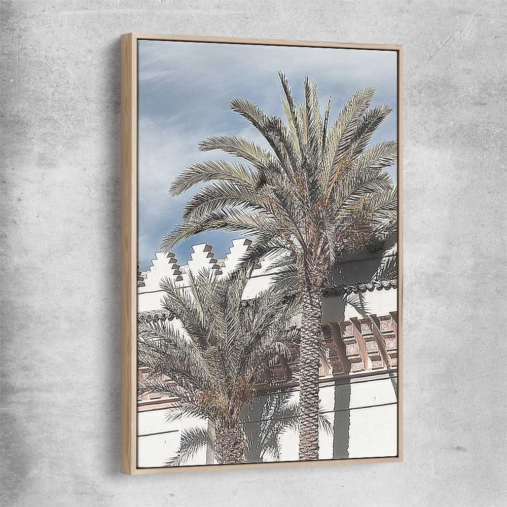 Floral print of Marrakesh Palms with raw oak framed canvas