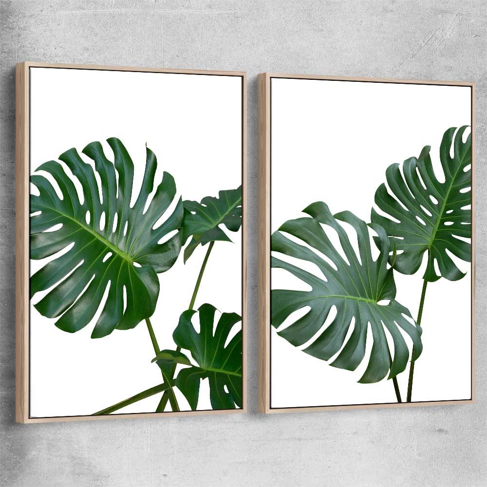 Floral print of Monstera Leaf Pair with raw oak framed canvas