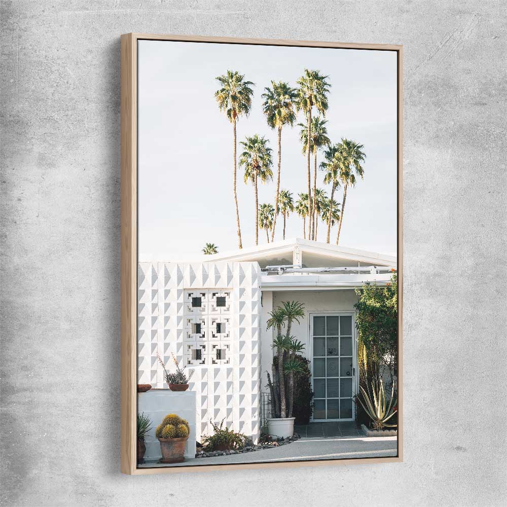 Floral print of Palm Springs Sky with raw oak framed canvas