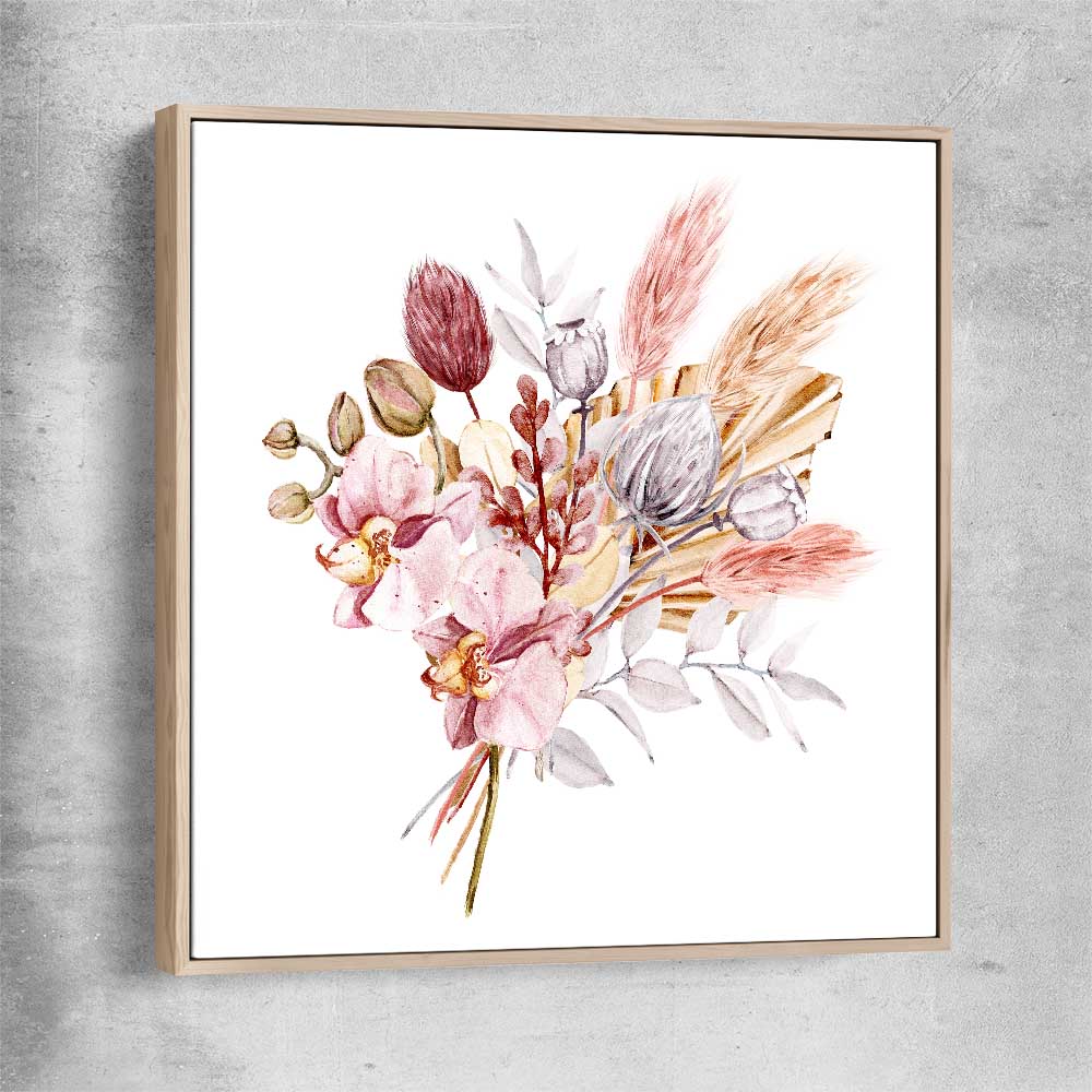 Floral print of Pampas Bunch with raw oak framed canvas