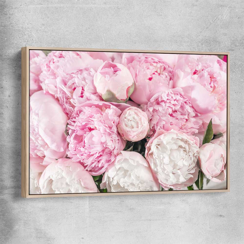 Floral print of Peony Bouquet with raw oak framed canvas