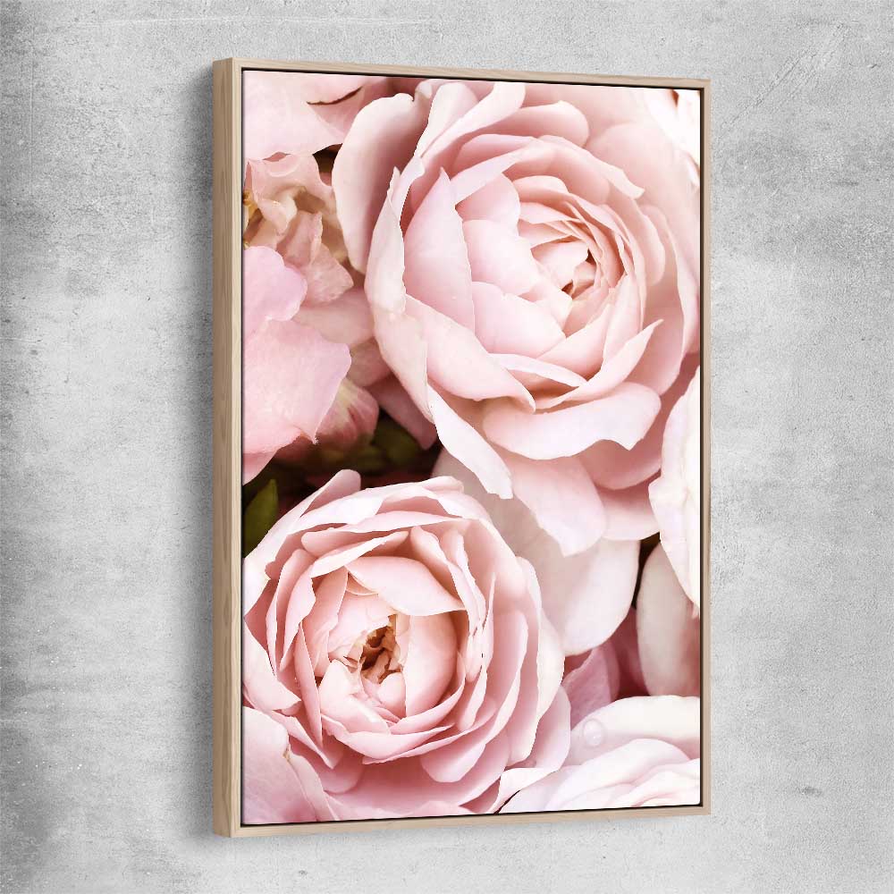 Floral print of Peony Pastel with raw oak framed canvas
