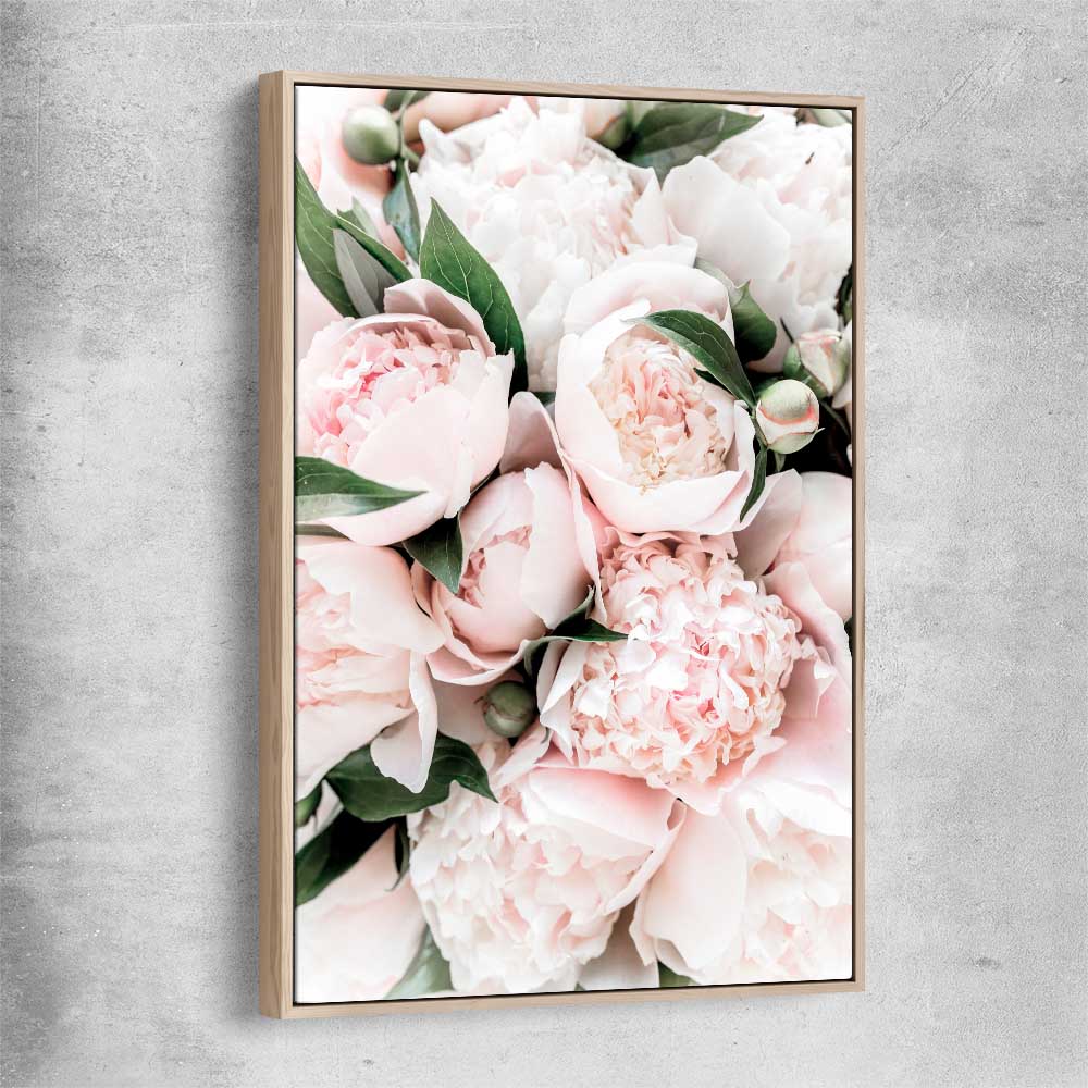 Floral print of Pink Peonies with raw oak framed canvas