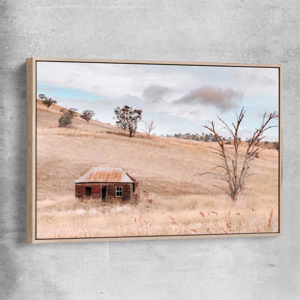 Floral print of Rural Farmhouse with raw oak framed canvas