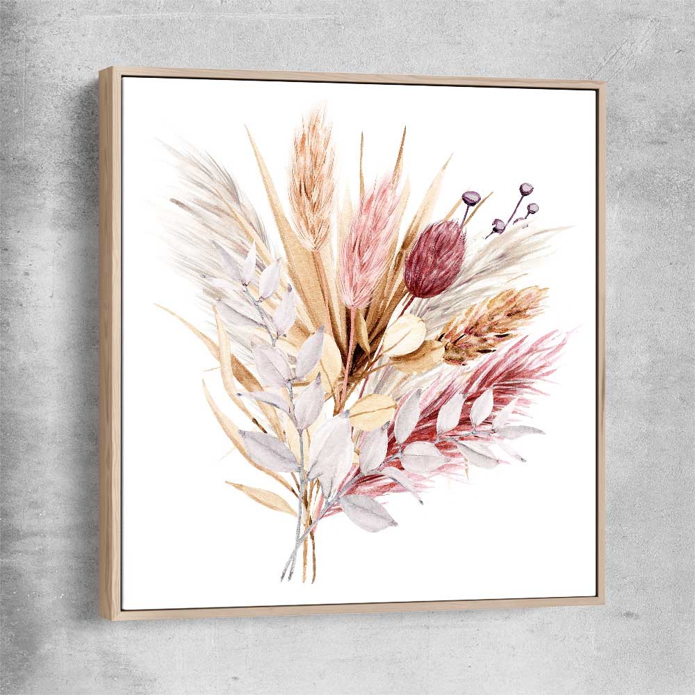 Floral print of Rustic Pampas with raw oak framed canvas