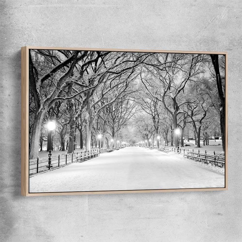 Floral print of Snowy Central Park with raw oak framed canvas