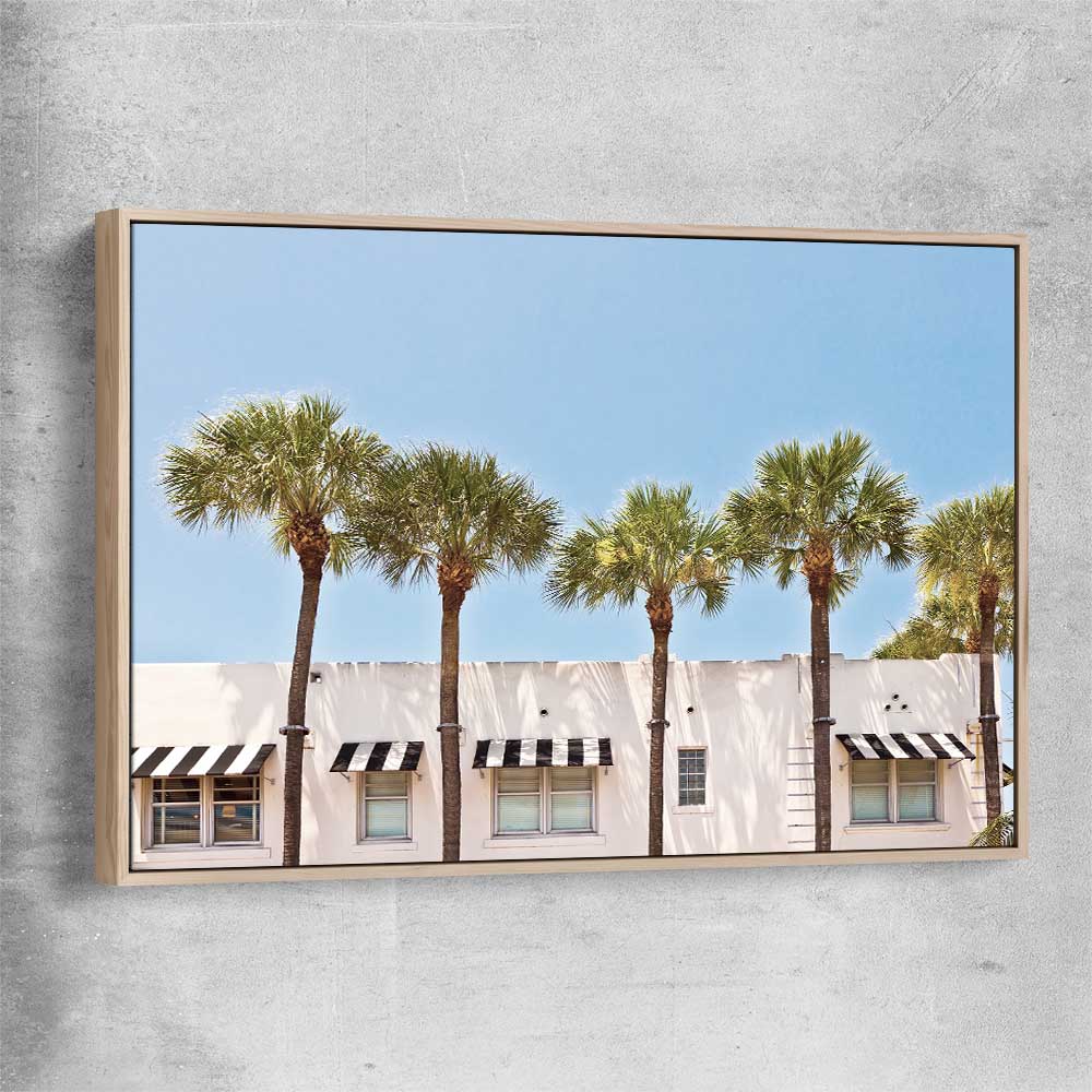 Floral print of South Miami Palms with raw oak framed canvas