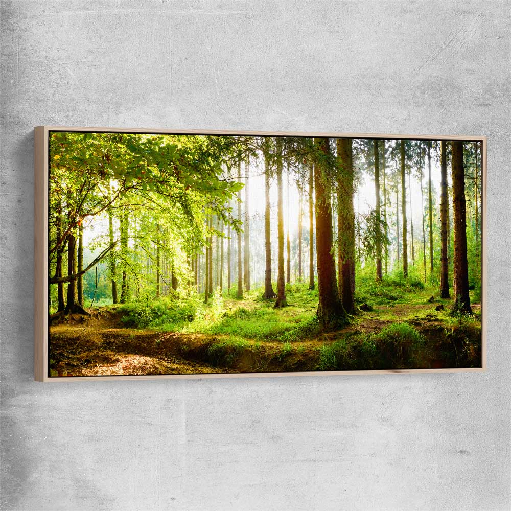 Floral print of Spring Forest with raw oak framed canvas
