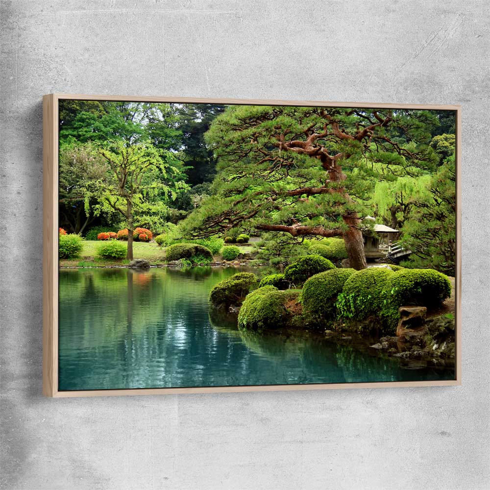 Floral print of Tokyo Bonsai Lake with raw oak framed canvas
