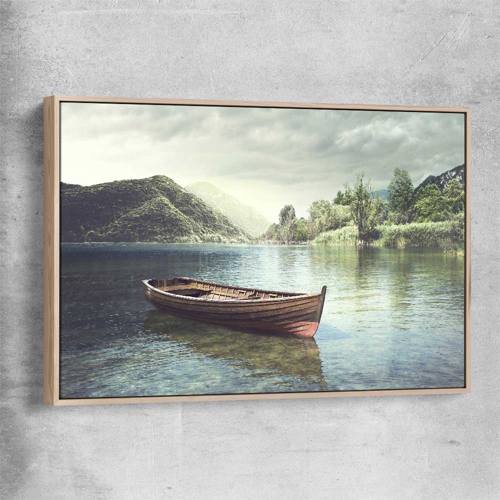 Floral print of Tranquil Wooden Boat with raw oak framed canvas