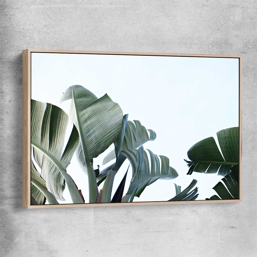 Floral print of Tropical Banana Palm with raw oak framed canvas
