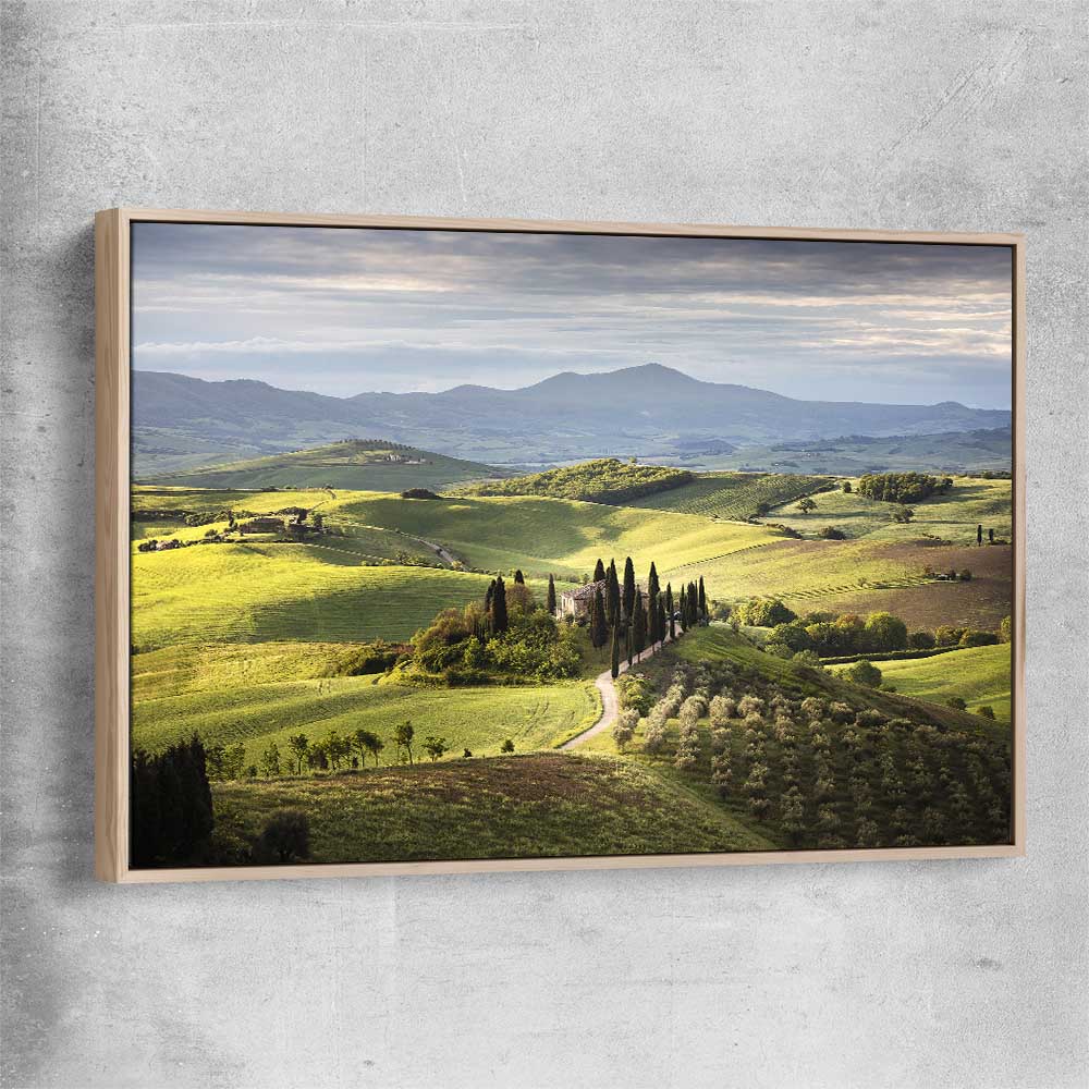 Floral print of Tuscan Countryside with raw oak framed canvas
