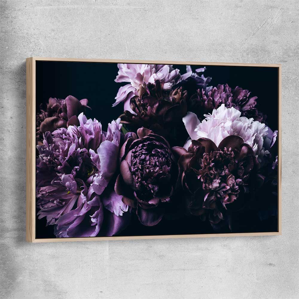 Floral print of Violet Peonies with raw oak framed canvas