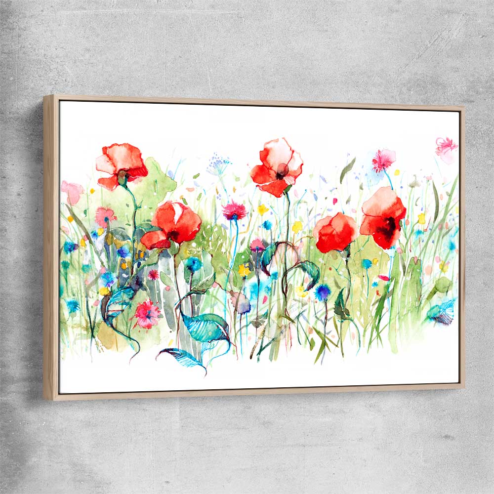Floral print of Watercolour Red Poppies with raw oak framed canvas