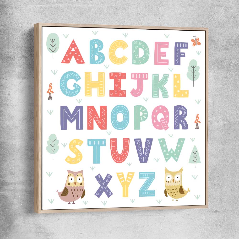 Alphabet Colours raw oak framed canvas is a nursery canvas wall art and print suited for childrens nursery area
