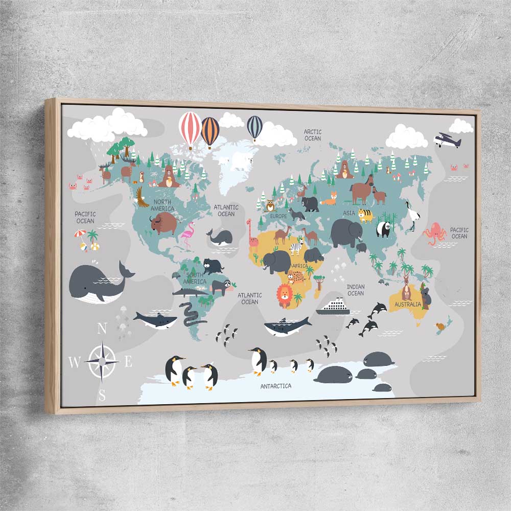 Cartoon World Map raw oak framed canvas is a nursery canvas wall art and print suited for childrens nursery area