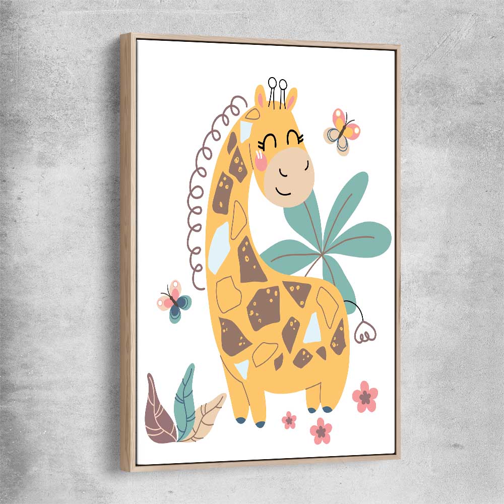 Cheerful Giraffe raw oak framed canvas is a nursery canvas wall art and print suited for childrens nursery area