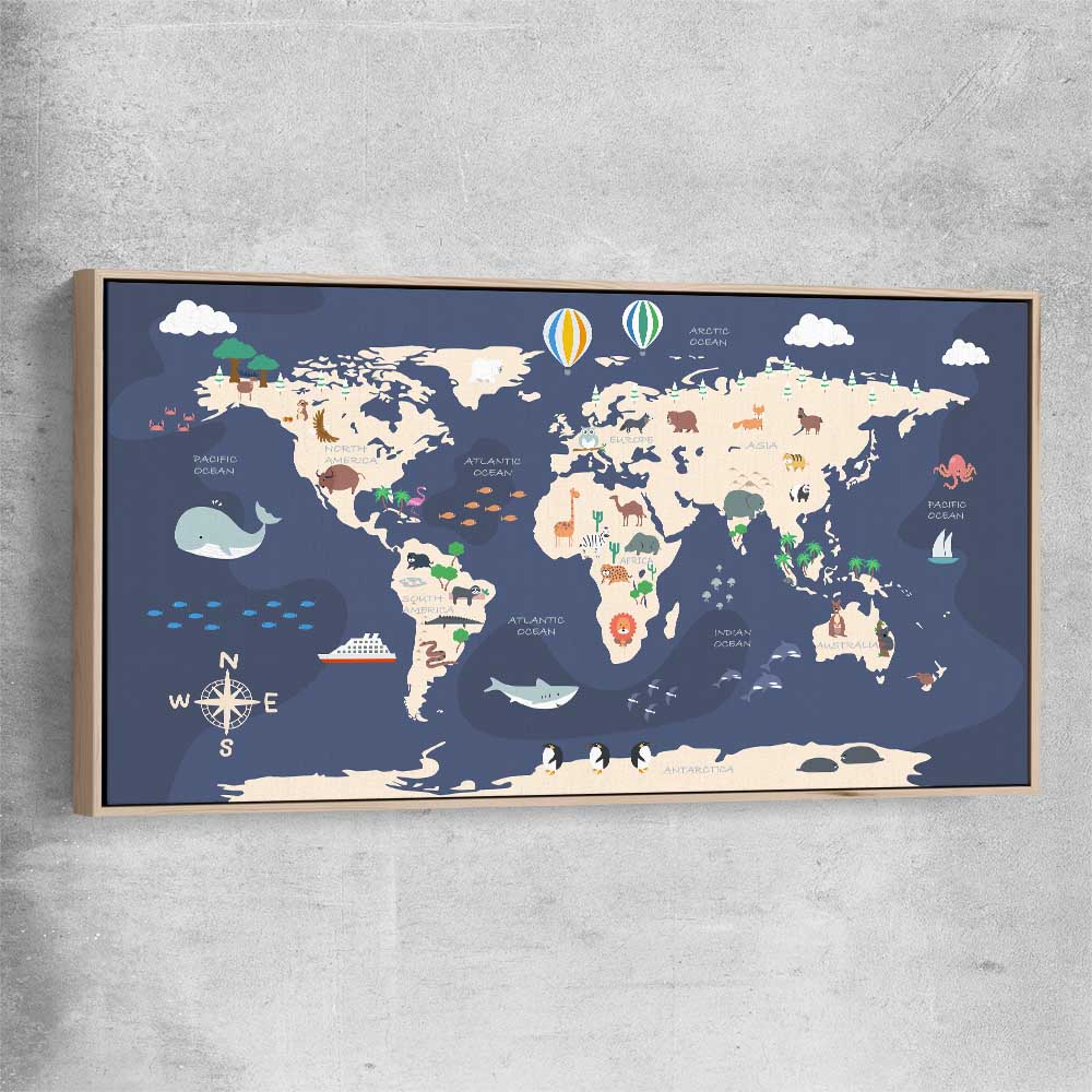 Discovery Map raw oak framed canvas is a nursery canvas wall art and print suited for childrens nursery area