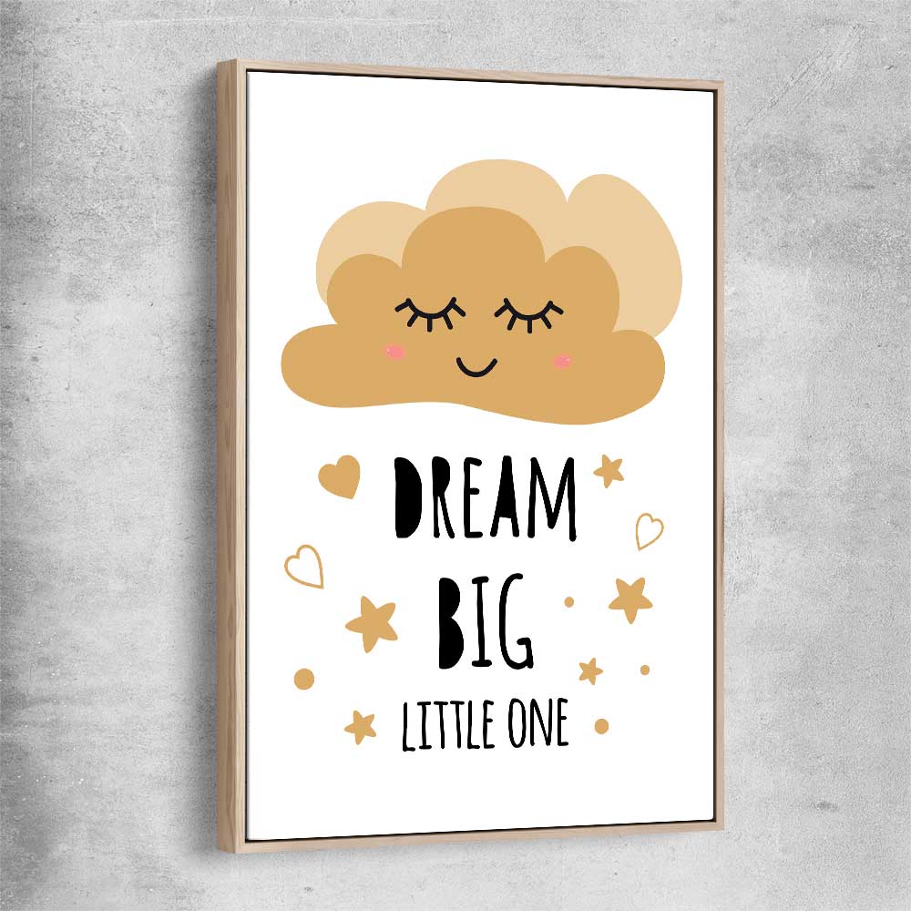 Dream Big raw oak framed canvas is a nursery canvas wall art and print suited for childrens nursery area