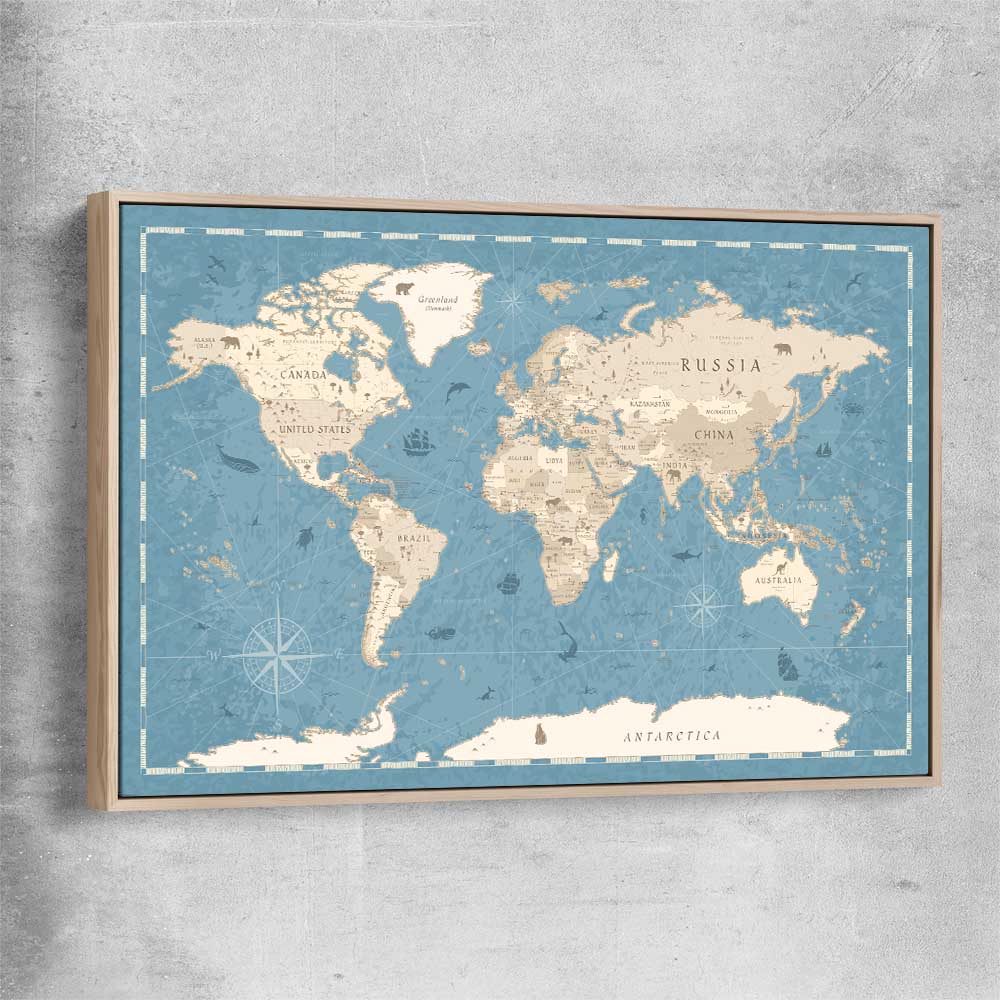 Education Map Blue raw oak framed canvas is a nursery canvas wall art and print suited for childrens nursery area