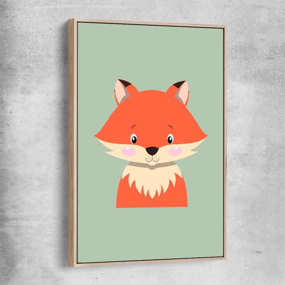 Friendly Fox raw oak framed canvas is a nursery canvas wall art and print suited for childrens nursery area