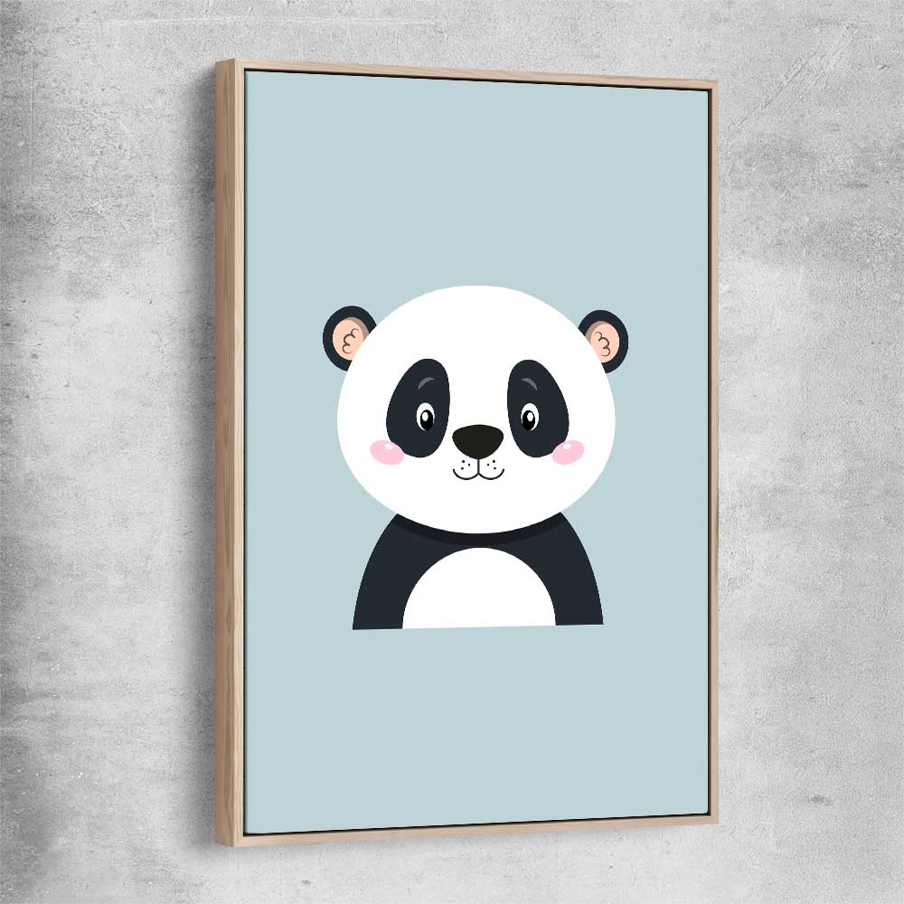 Friendly Panda raw oak framed canvas is a nursery canvas wall art and print suited for childrens nursery area