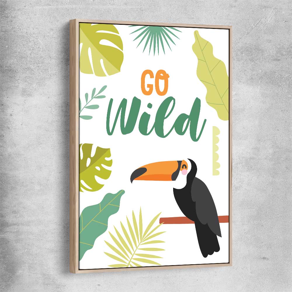 Go Wild raw oak framed canvas is a nursery canvas wall art and print suited for childrens nursery area