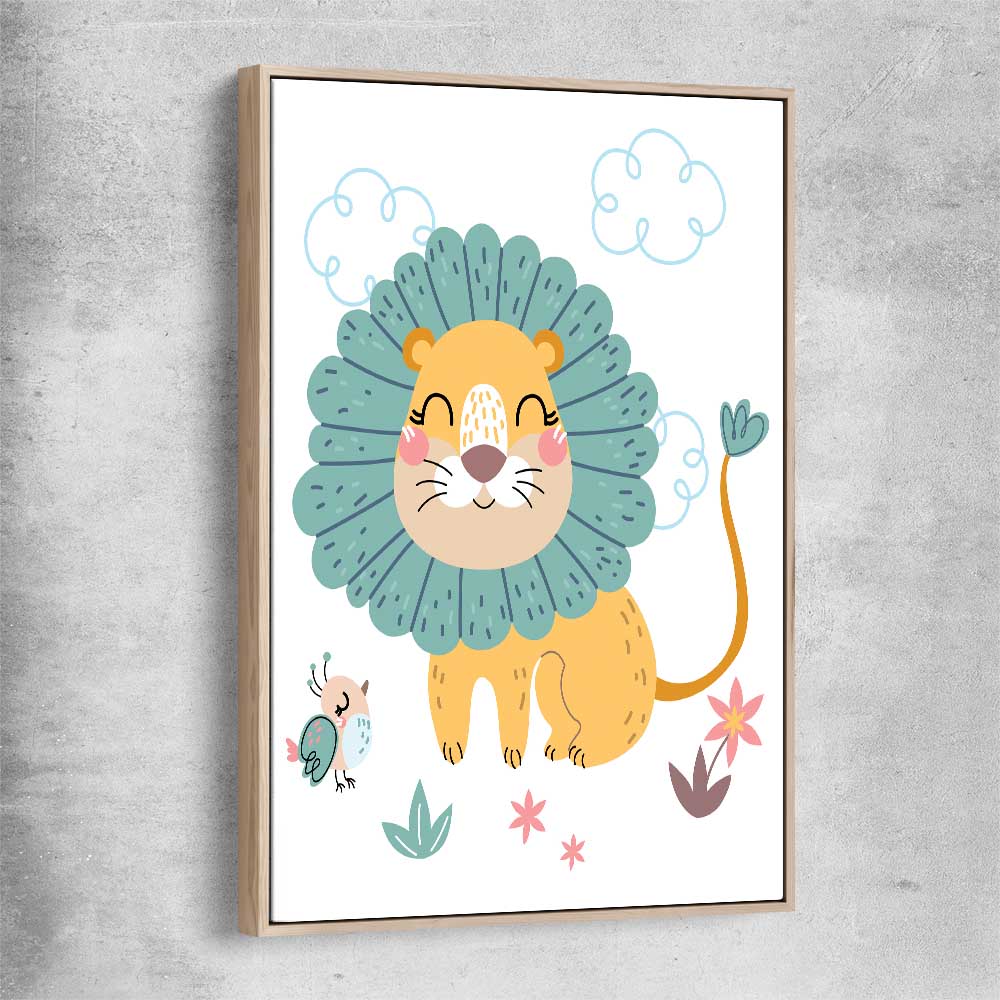 Safari Lion raw oak framed canvas is a nursery canvas wall art and print suited for childrens nursery area